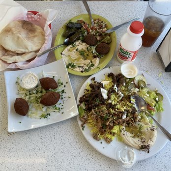 Yasmine's Cafe - kibbeh, iced tea, fermented yogurt drink, beef and lamb platter, vegetarian platter (hummus, falafel, dolma & Arabic salad, pita) - Mediterranean Near Me - Albuquerque, New Mexico