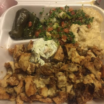 Nazareth Bread - Chicken Shawarma Platter - sides are grape leaves, tabouli salad & Baba ghanoush - Mediterranean Near Me - Greensboro, North Carolina