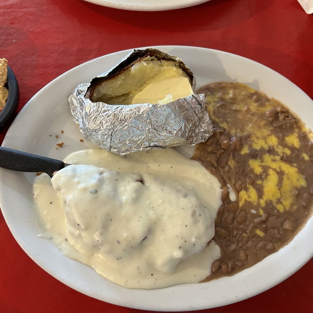 Chicken fried chicken, baked potato (butter only), refritos Chicken fried chicken, baked potato (butter only), refritos