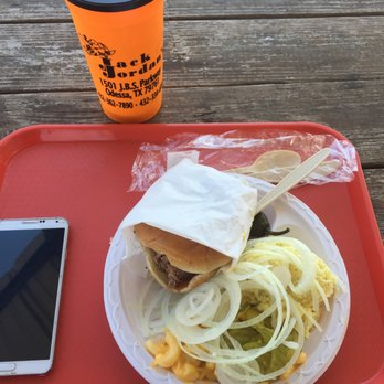 Jack Jordan's Bar-B-Q - The meal itself. Brisket sandwich with potato salad which tastes homemade, pickles and onions, soda and jalapeno! - Barbeque Near Me - Odessa, Texas