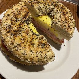 Breakfast bagel with pepper jack cheese on an everything bagel Breakfast bagel with pepper jack cheese on an everything bagel
