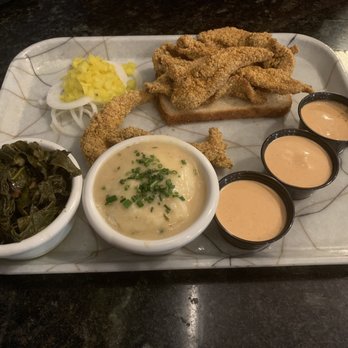 Grace Meat + Three - 1/2 pound Catfish, greens and garlic mashed potatoes - Southern Near Me - St Louis, Missouri