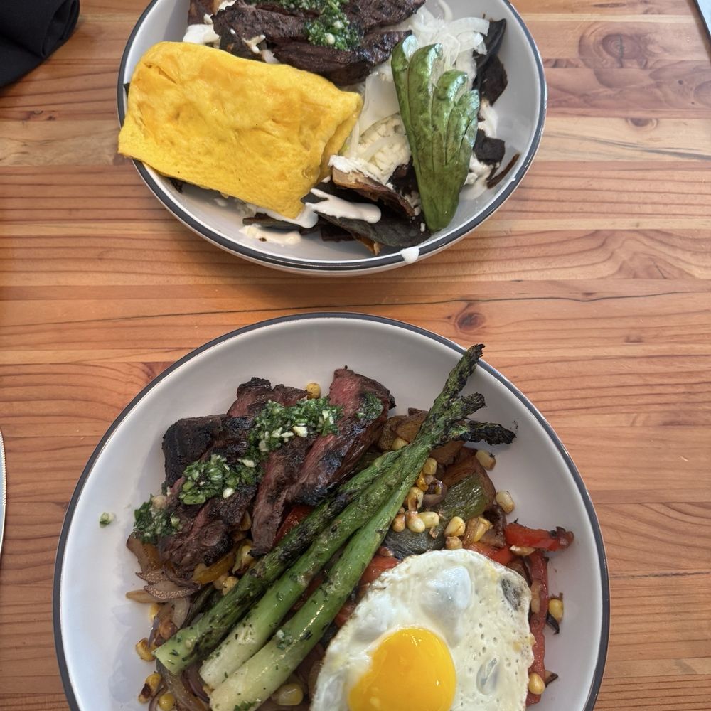 Top: Chilaquiles De Mole, bottom: Carne Asada Bowl Top: Chilaquiles De Mole, bottom: Carne Asada Bowl