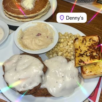 Denny's - Country fry steak with mashed potatoes and gravy , and the regular omelette with extra pancakes on the side - Diners Near Me - Long Beach, California Denny's - Country fry steak with mashed potatoes and gravy , and the regular omelette with extra pancakes on the side - Diners Near Me - Long Beach, California