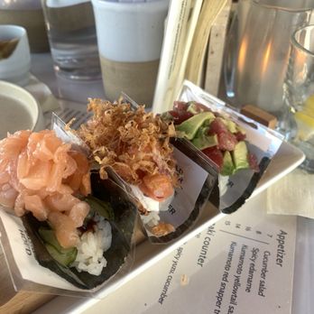 Sora - (left to right) shizouka salmon, everything smoked salmon, tuna - Sushi Bars Near Me - Los Angeles, California Sora - (left to right) shizouka salmon, everything smoked salmon, tuna - Sushi Bars Near Me - Los Angeles, California