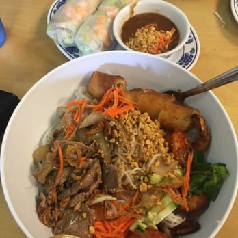 Pho Kauai - Beef, shrimp (3 tiny ones), and egg roll vermicelli. Summer rolls with peanut sauce in background - Vietnamese Near Me - Lihue, Hawaii Pho Kauai - Beef, shrimp (3 tiny ones), and egg roll vermicelli. Summer rolls with peanut sauce in background - Vietnamese Near Me - Lihue, Hawaii