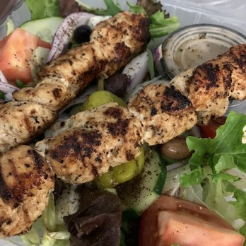 Samos Greek Island Grill - Greek salad with extra chicken skewer - Greek Near Me - Baltimore, Maryland Samos Greek Island Grill - Greek salad with extra chicken skewer - Greek Near Me - Baltimore, Maryland