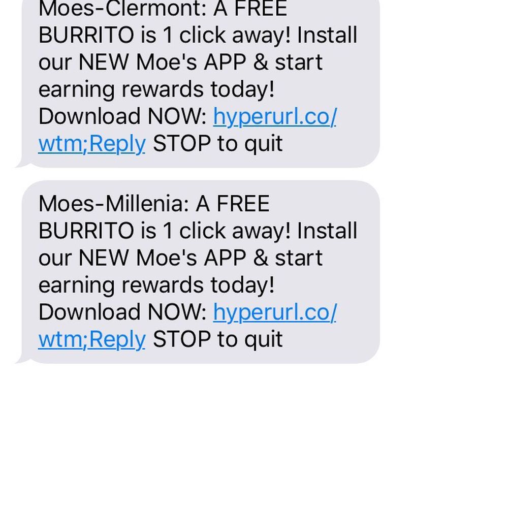 Moe's Southwest Grill - Screenshot of the text message! - Mexican Near Me - Clermont, Florida Moe's Southwest Grill - Screenshot of the text message! - Mexican Near Me - Clermont, Florida
