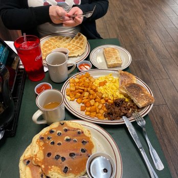 Egg Works - Waffle, blueberry pancakes, the classic with sourdough toast and blackened prime rib added - American Near Me - Henderson, Nevada Egg Works - Waffle, blueberry pancakes, the classic with sourdough toast and blackened prime rib added - American Near Me - Henderson, Nevada