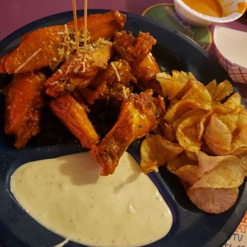 Lancaster's BBQ - Garlix parm wings with chips and blue cheese - Barbeque Near Me - Mooresville, North Carolina