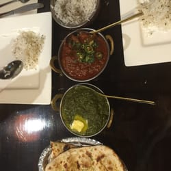 Indian Chimney Restaurant - Beef vindalo, palak paneer, garlic naan, and cumin rice