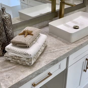 Omega Stone - Mitered 2 1/2 Tajmahal Quartzite Master Bathroom - Countertop Installation Near Me Omega Stone - Mitered 2 1/2 Tajmahal Quartzite Master Bathroom - Countertop Installation Near Me