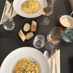 Club Nautique de Nice - Two dishes of spaghetti carbonara. Fantastic.