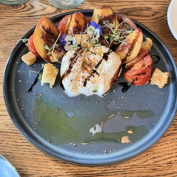 The Select - Burrata with peaches and heirloom tomatoes - New American Near Me - Charleston, South Carolina The Select - Burrata with peaches and heirloom tomatoes - New American Near Me - Charleston, South Carolina