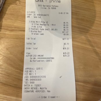 CAVA - My receipt - Mediterranean Near Me - Irvine, California CAVA - My receipt - Mediterranean Near Me - Irvine, California