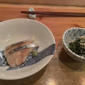 Nimblefish - Smoked saba in shoyu and wasabi and spinach and ground sesame  9.29.22. - Sushi Bars Near Me - Portland, Oregon