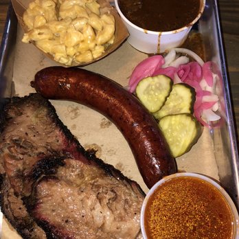 Stiles Switch BBQ & Brew - Moist Brisket, mild sausage, beans, and macaroni - Barbeque Near Me - Cedar Park, Texas Stiles Switch BBQ & Brew - Moist Brisket, mild sausage, beans, and macaroni - Barbeque Near Me - Cedar Park, Texas
