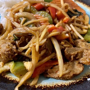 Kin'd - Spicy Bamboo with mock duck close up and half eaten - good portion for $13! - Thai Near Me - Fresh Meadows, New York