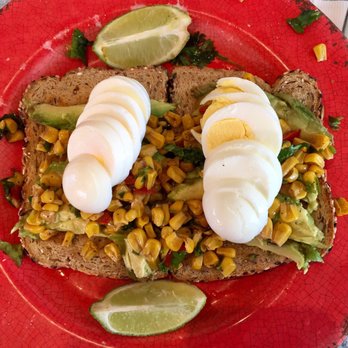 Sacks On the Beach - Avacado Toast with hardboiled egg, corn, tomatoess, lemon - Coffee & Tea Near Me - Redondo Beach, California Sacks On the Beach - Avacado Toast with hardboiled egg, corn, tomatoess, lemon - Coffee & Tea Near Me - Redondo Beach, California