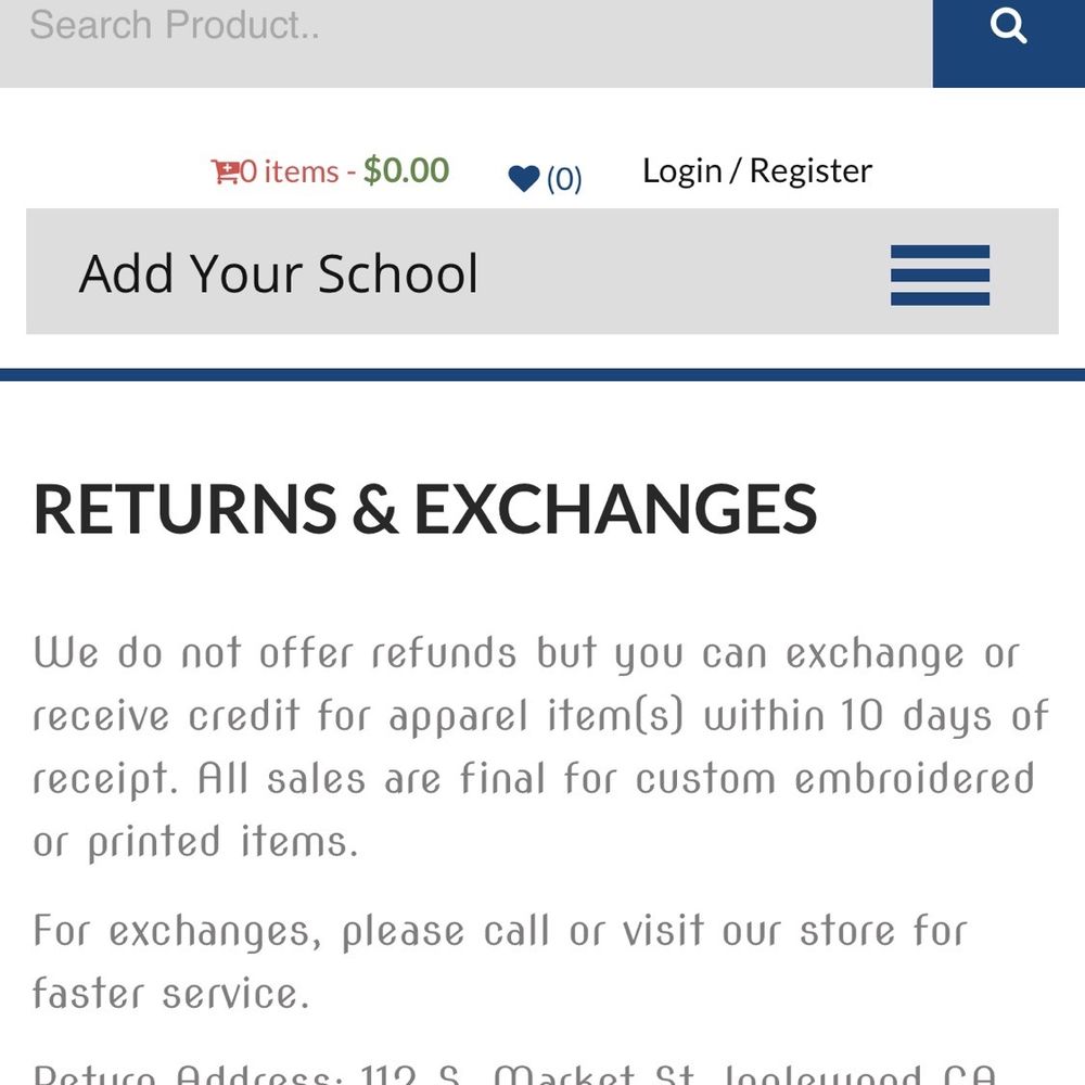 Uniform Outpost - Exhibit 2: Business' altered website (6:57pm) that now indicates no returns. - Uniforms Near Me - Inglewood, California Uniform Outpost - Exhibit 2: Business' altered website (6:57pm) that now indicates no returns. - Uniforms Near Me - Inglewood, California
