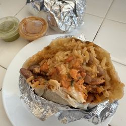 Vehicles burrito with orange chicken tendons. Not yum!