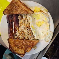 #2 combo
2 eggs (oh), bacon (Xtra crisp), hash browns, and toast