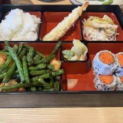 Sakura Sushi & Ramen - Shrimp and string beans bento box with spicy tuna roll substituted for the California roll