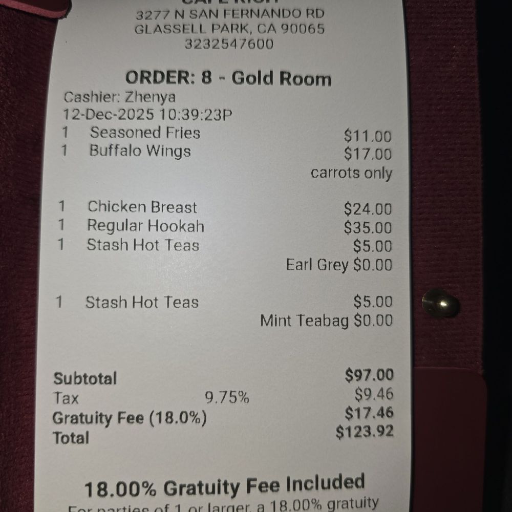 Cafe Rich - A bill for two people - Mediterranean Near Me - Los Angeles, California