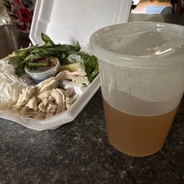 To go chicken pho with 1/2 serving of soup base because of way it was packaged To go chicken pho with 1/2 serving of soup base because of way it was packaged