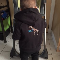 STM Embroidery - Custom hoodie for my son. "Mr. O" with a cute giraffe! (Same giraffe we had embroidered on his diaper bag. :-)