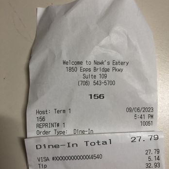 Newk's Eatery - Fraudulent tip added to bill.  Cashier would not remedy the charge. - Salad Near Me - Athens, Georgia