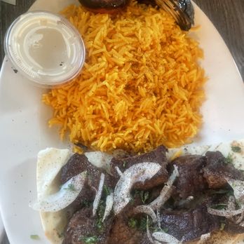 Tarboosh Gyro Grill - Beef Tikka with side of rice - Mediterranean Near Me - Richardson, Texas