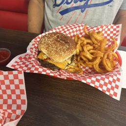 Burger and curly fries Burger and curly fries
