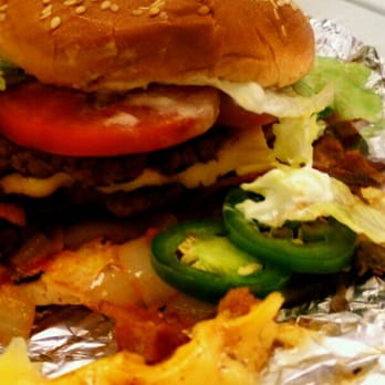 Five Guys - Bacon cheese burger (all the way) w/ jalapeno peppers and A1 steak sauce. - Burgers Near Me - Las Vegas, Nevada