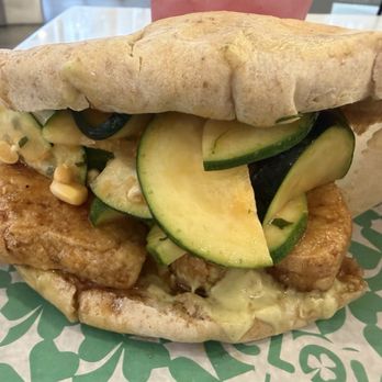 Clover Food Lab - The Zucchini - glazed tofu, raw zucchini, corn, shiso, and basil mayo - Sandwiches Near Me - Boston, Massachusetts