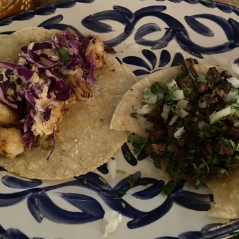 Amor y Tequila - Shrimp taco and left steak taco on right - Mexican Near Me - Chicago, Illinois