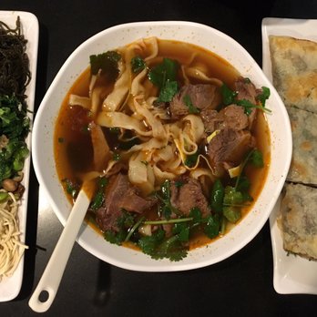 101 Noodle Express - (L-R) 3-item appetizer, spicy beef soup with hand-pulled noodles, beef roll - Chinese Near Me - Alhambra, California 101 Noodle Express - (L-R) 3-item appetizer, spicy beef soup with hand-pulled noodles, beef roll - Chinese Near Me - Alhambra, California