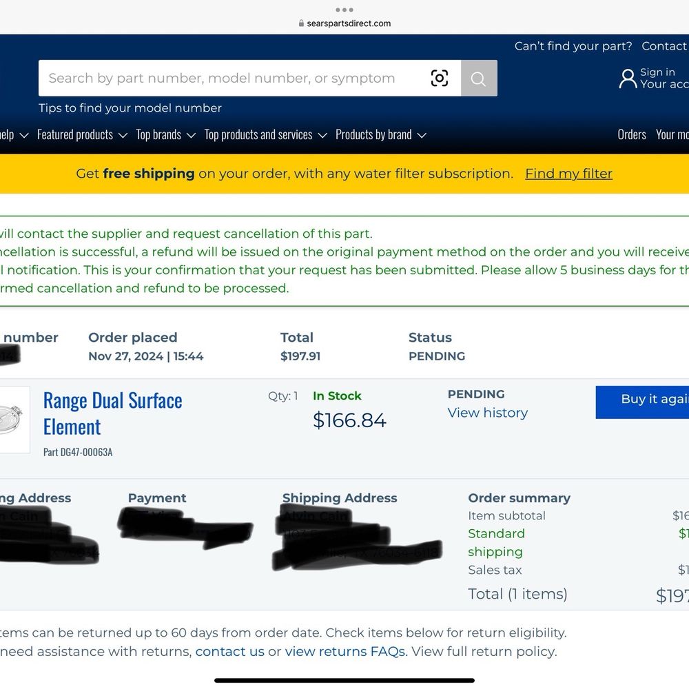 Sears Parts Direct - Order info with their comments on the cancellation. - Appliances & Repair Near Me Sears Parts Direct - Order info with their comments on the cancellation. - Appliances & Repair Near Me