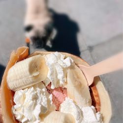 Genki Crepes & Mini-Mart - Red bean ice cream crepe with banana and whipped cream.