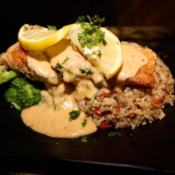 Thirty Three Restaurant Experience - Stuffed Salmon with Broccoli and Dirty Rice - American Near Me - Atlanta, Georgia Thirty Three Restaurant Experience - Stuffed Salmon with Broccoli and Dirty Rice - American Near Me - Atlanta, Georgia