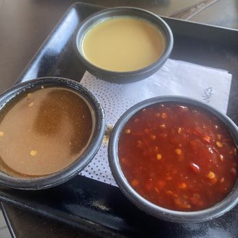 P.F. Chang's - Sauce trio (clockwise from top: Hot Mustard, Chili Paste, Potsticker Sauce) - Chinese Near Me - Orlando, Florida