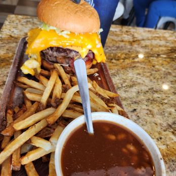 SOB Burgers - Baked beans, fries, Holy Grail burger, and unsweet iced tea. - Burgers Near Me - Bradenton, Florida