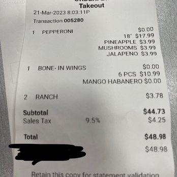 Tu PanYou Pizza - Receipt - Chicken Wings Near Me - Los Angeles, California