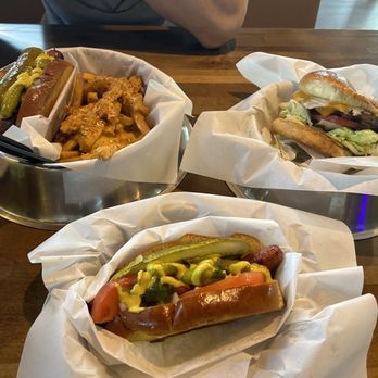 Dawg Park - 2 Chicagoan hot dogs, cheesy garlic fries and a classic cheese burger - New American Near Me - South Barrington, Illinois