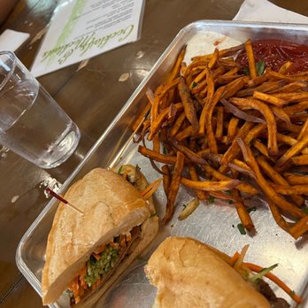Brass Tacks - Banh Mi sandwich and sweet potatoes fries - Coffee & Tea Near Me - Houston, Texas Brass Tacks - Banh Mi sandwich and sweet potatoes fries - Coffee & Tea Near Me - Houston, Texas