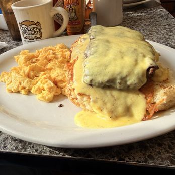 Golden Nugget Pancake House - Steak Burger with potato pancakes, hollandaise sauce and scrambled eggs - Breakfast & Brunch Near Me - Chicago, Illinois Golden Nugget Pancake House - Steak Burger with potato pancakes, hollandaise sauce and scrambled eggs - Breakfast & Brunch Near Me - Chicago, Illinois