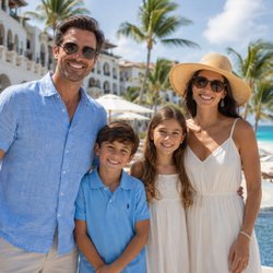 Vuelos Caribe - Family beach vacation at a top Caribbean hotel, featuring palm trees, turquoise water, resort pools, and a relaxing tropical getaway experie