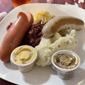 Old Bavaria Inn Restaurant - Wurst Sausage Platte mit German potatoe salad, Sauerkraut, und red cabbage - German Near Me - Helen, Georgia Old Bavaria Inn Restaurant - Wurst Sausage Platte mit German potatoe salad, Sauerkraut, und red cabbage - German Near Me - Helen, Georgia