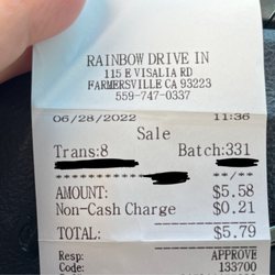 Rainbow Drive-In - Receipt of BS non-cash charge, last time I checked restaurants / drive ins don't have air charges like phone or credit card companies.