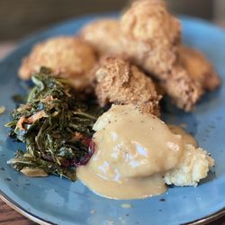 Reba's Place - Fried Chicken with Greens and Brown Butter Mashed Potatoes.  These potatoes had chicken gravy on them.
